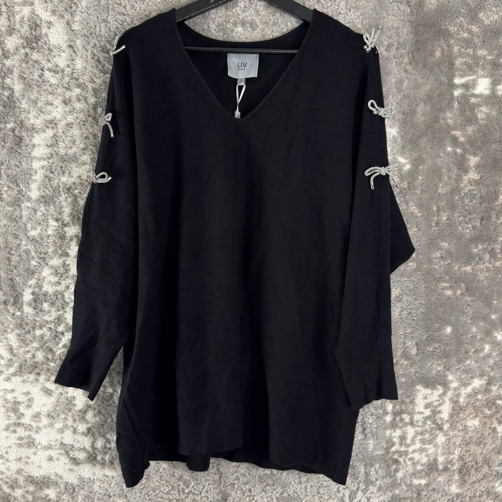 New LIV Milano Plus Size 1X Rhinestone Bow V-Neck Knit Sweater Black Womens